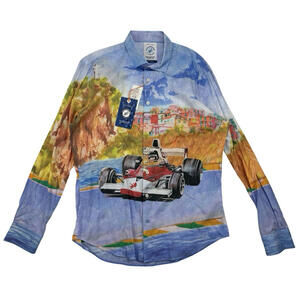A Fish Named Fred Race Car Print Cotton Long Sleeve Button Up Shirt Blue Size L